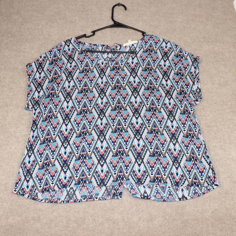 Wishful Park Womens Blue Geometric Aztec Print Button Back Blouse Size M